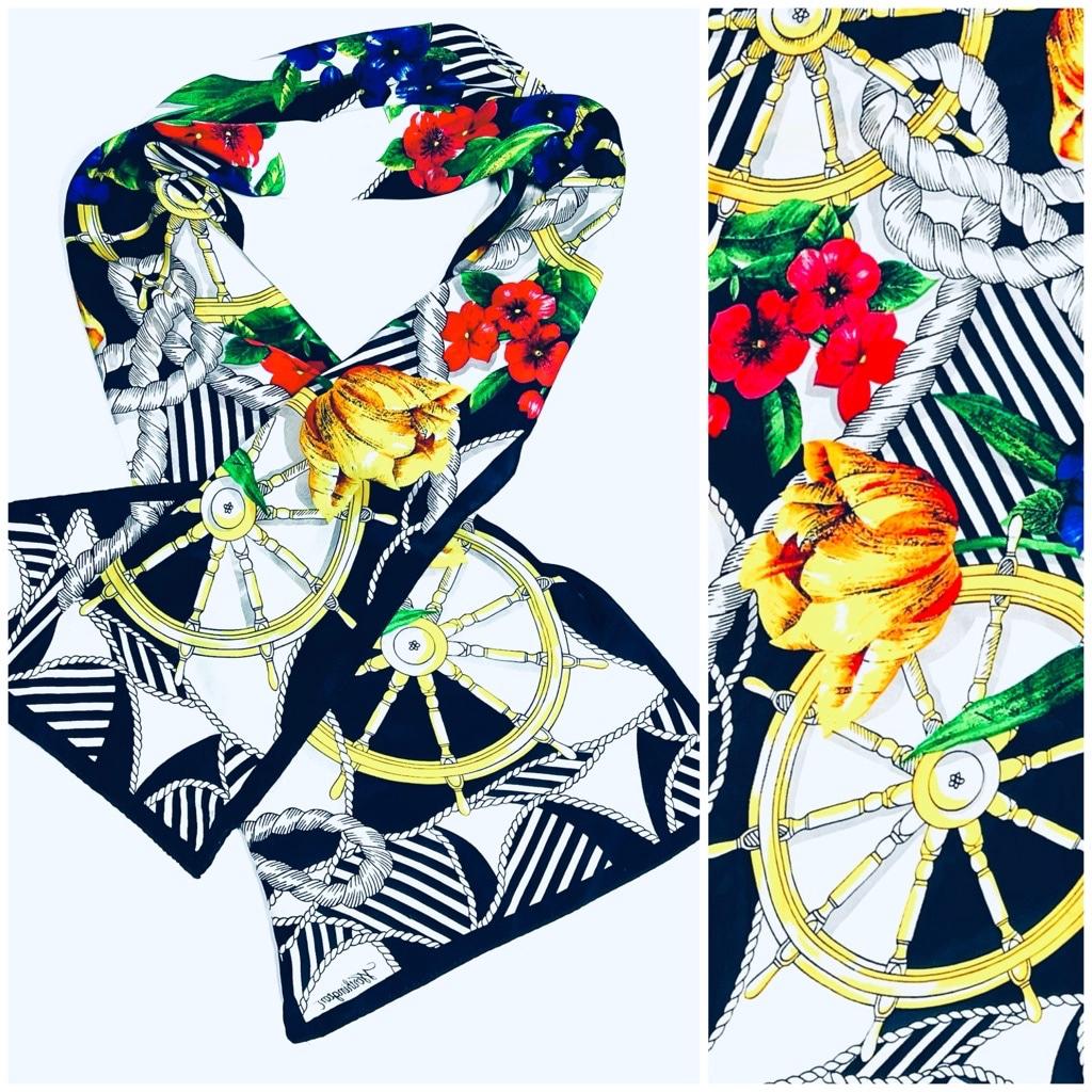 Worthington Womans Scarf Silk Navy Blue Yellow Fliral Nautical Print